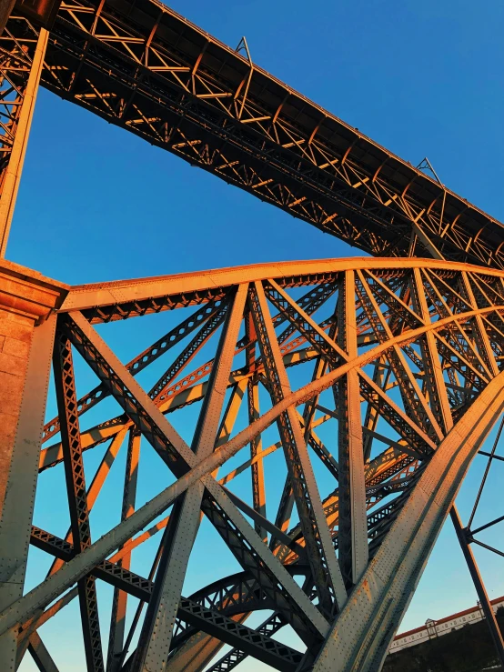 a view of a train bridge looking straight up