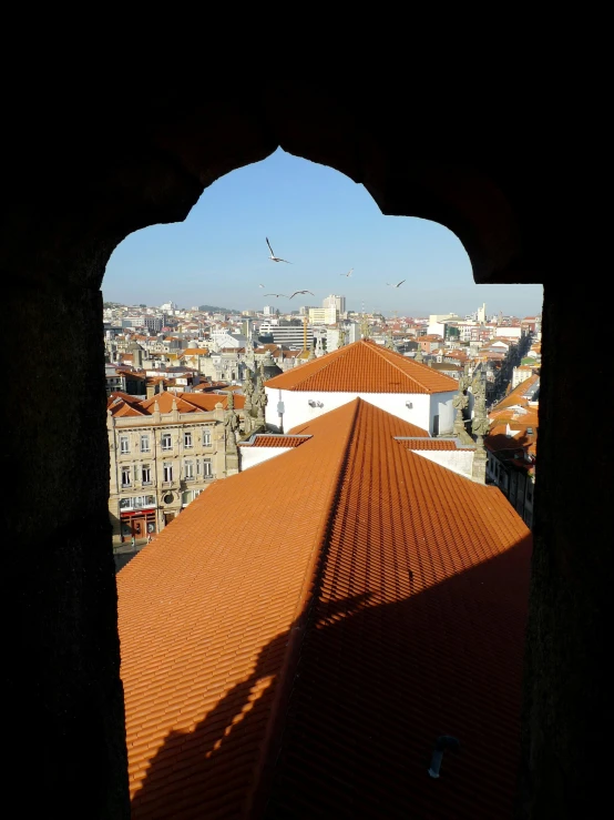 a view from a building at rooftops with a small tower in the distance