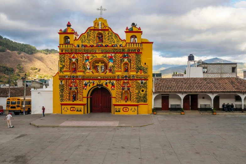 a large building with decorations painted on it