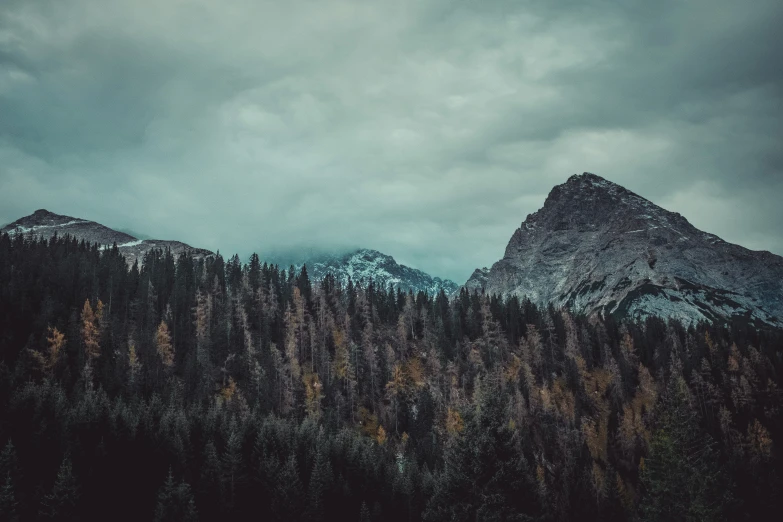 a very beautiful mountain scene with some snow covered trees