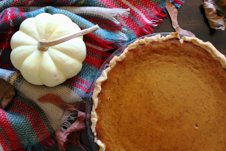 a plate of pumpkin pie and two pumpkins