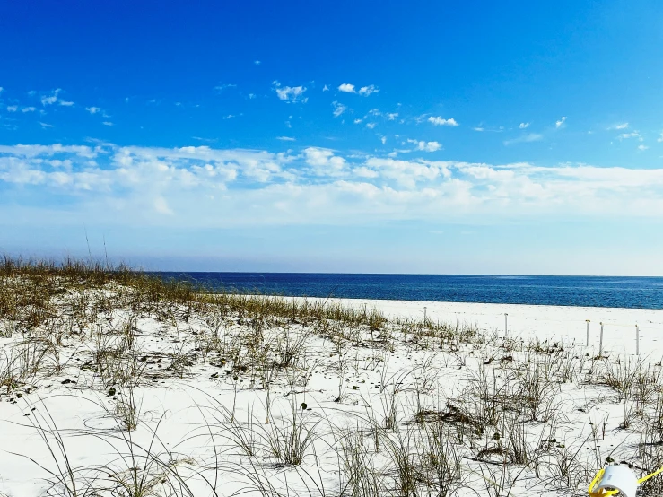 beach view of the blue sky and white sand