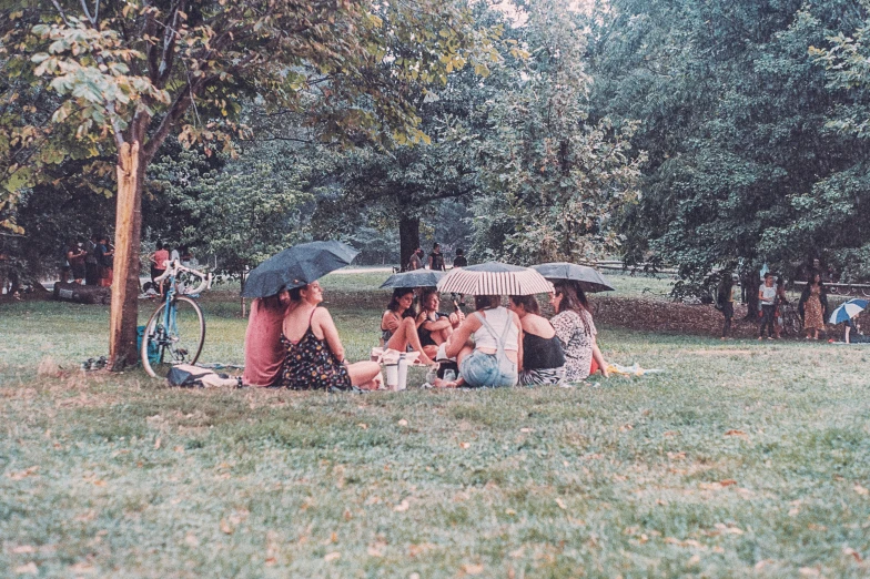 several people sitting on a grassy field under umbrellas