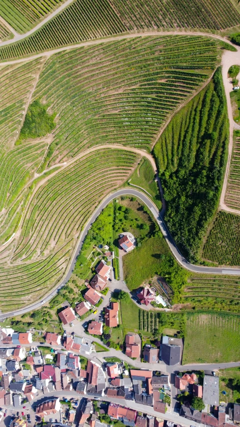 an aerial view of a rural village in the country
