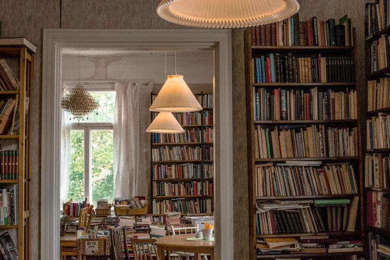 a couple of lamps sitting next to a window in a room filled with books