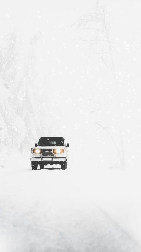 a truck is parked on a snowy street