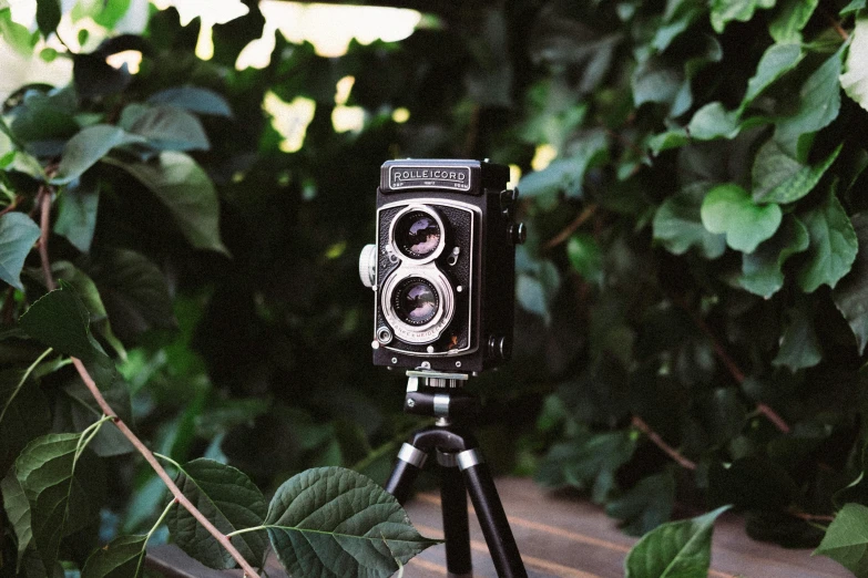 a black camera is shown sitting on a tripod