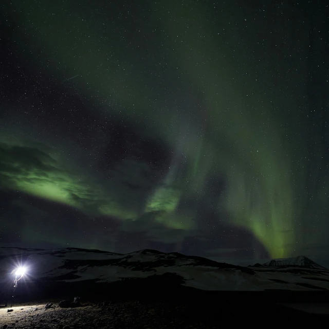 night skies with a small array of lights in the snow