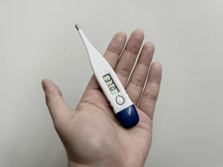 a hand holding an electronic thermometer on white