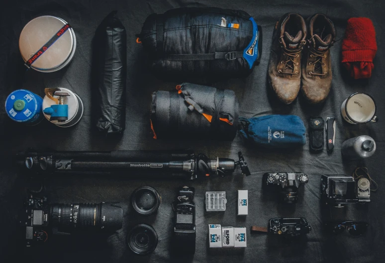 a variety of equipment is on display on the ground