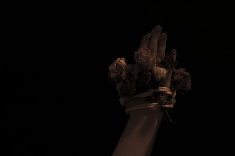 hands hold flowers against a dark background