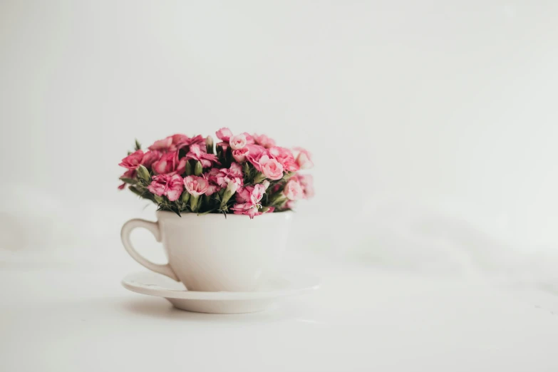 a cup full of flowers sits on a table