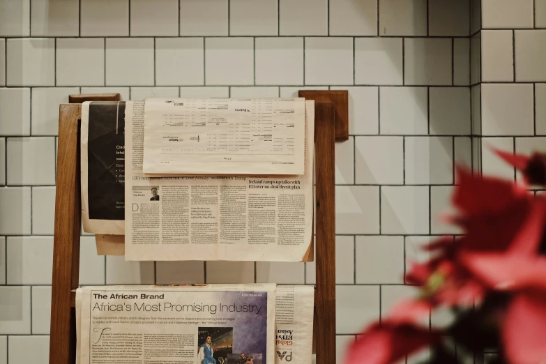 newspaper and vase with red flowers hanging in a tiled bathroom