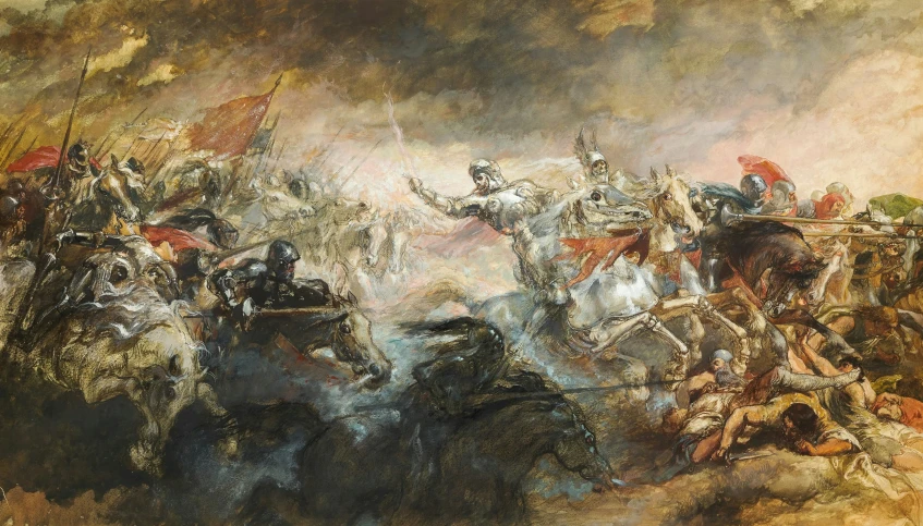 painting of a battle with people on horseback and other horses