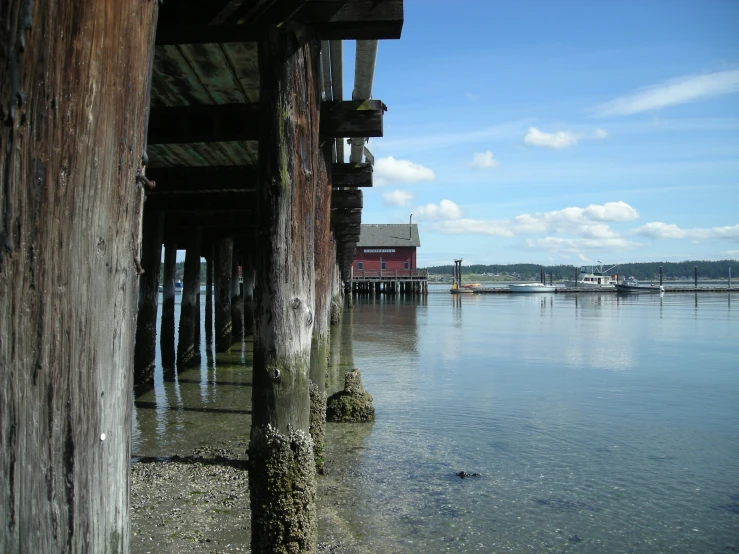 view of wooden dock from the water looking toward a village and pier