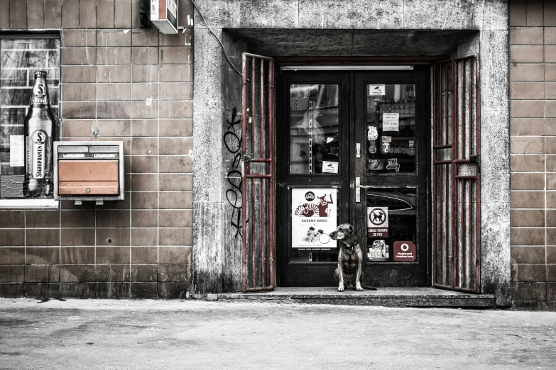 a black and white image of an entrance to a building