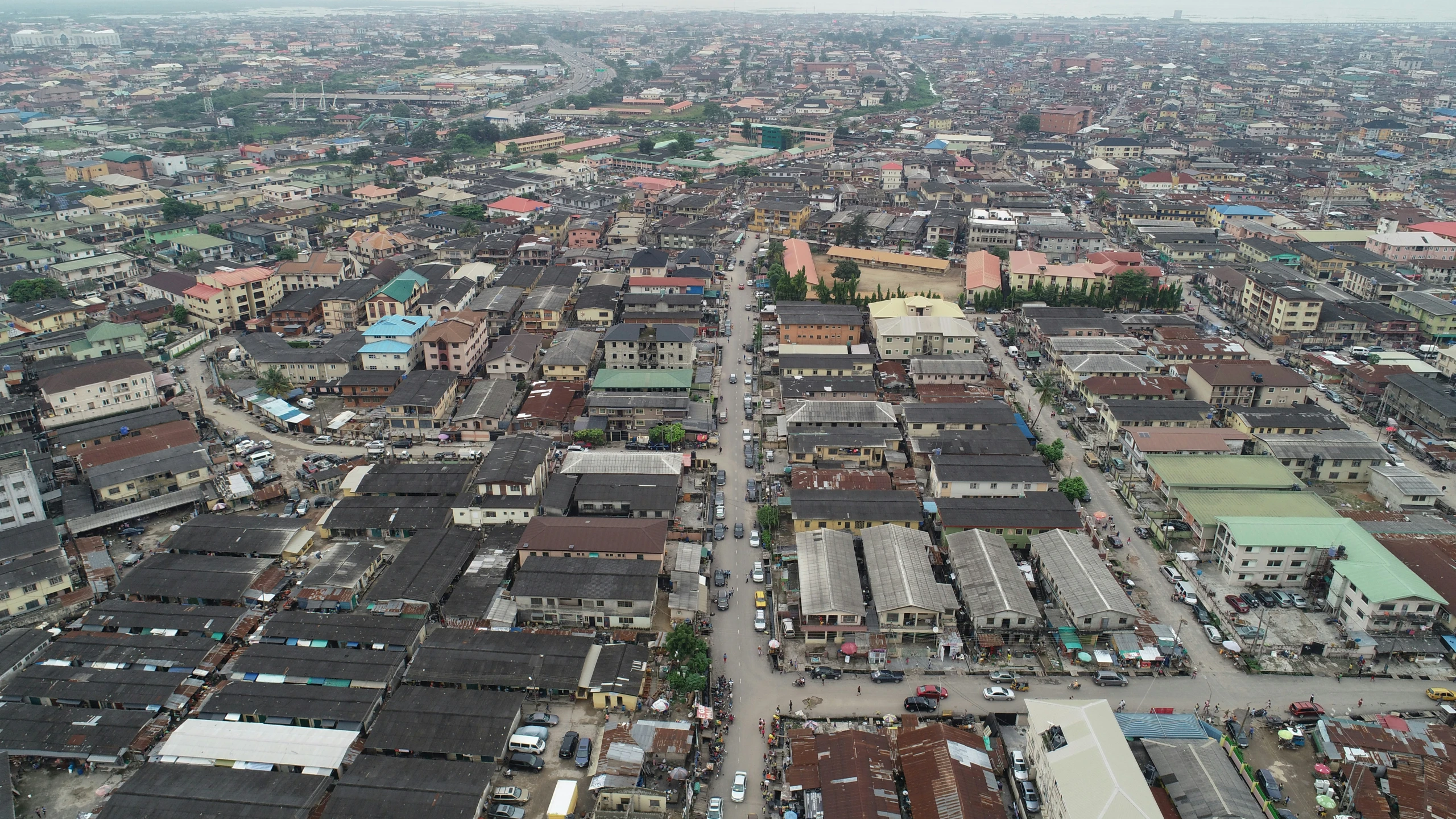 an aerial view of the area with many buildings