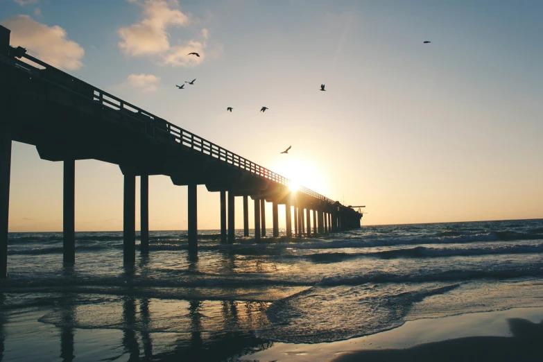 seagulls fly over the ocean as the sun sets over an old pier