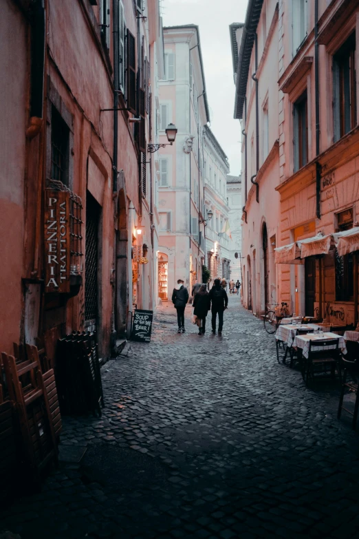 a couple of people walking down a cobblestone road