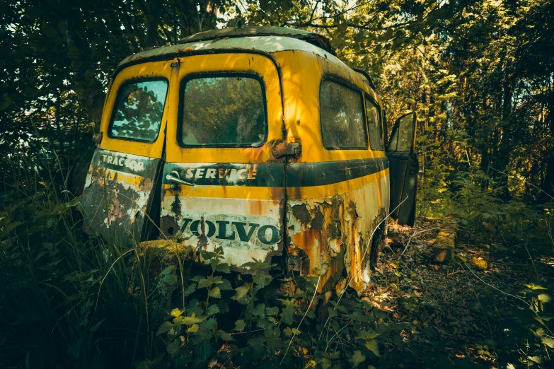 an old truck with a window is sitting in a forest