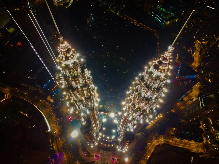 night time aerial po of lit christmas lights