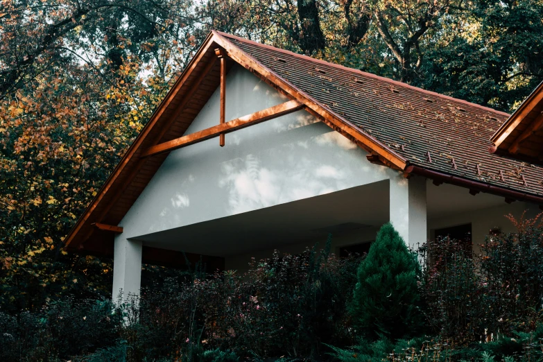 the corner of a house with a tiled roof and green vegetation