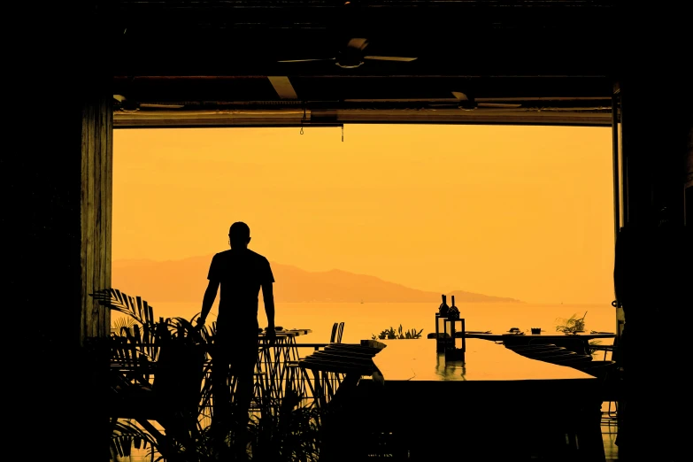 a man standing in front of an open door at dusk