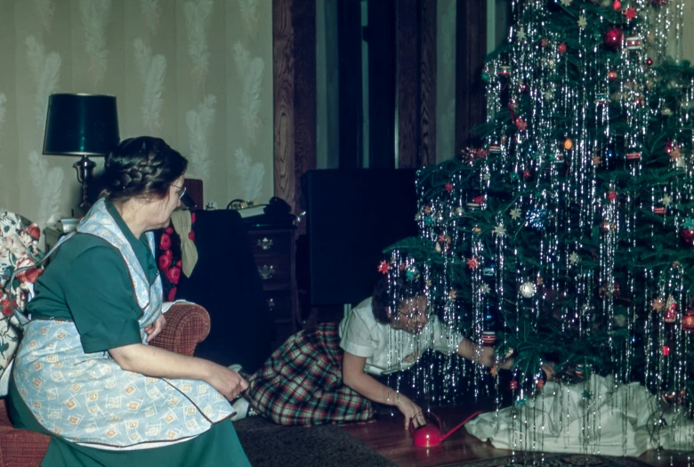 two women in a living room with christmas tree