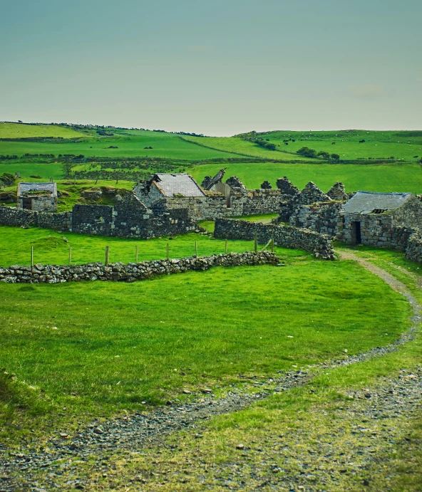 a lush green field with small stone houses