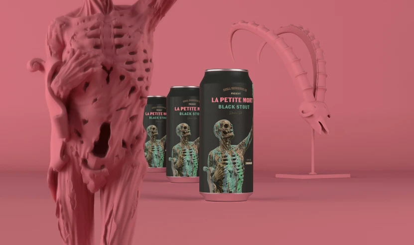 a pink background with three cans of dark matter lager on top