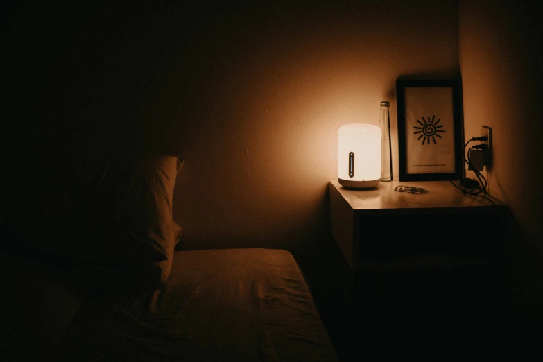 a small lamp in the corner of a bedroom