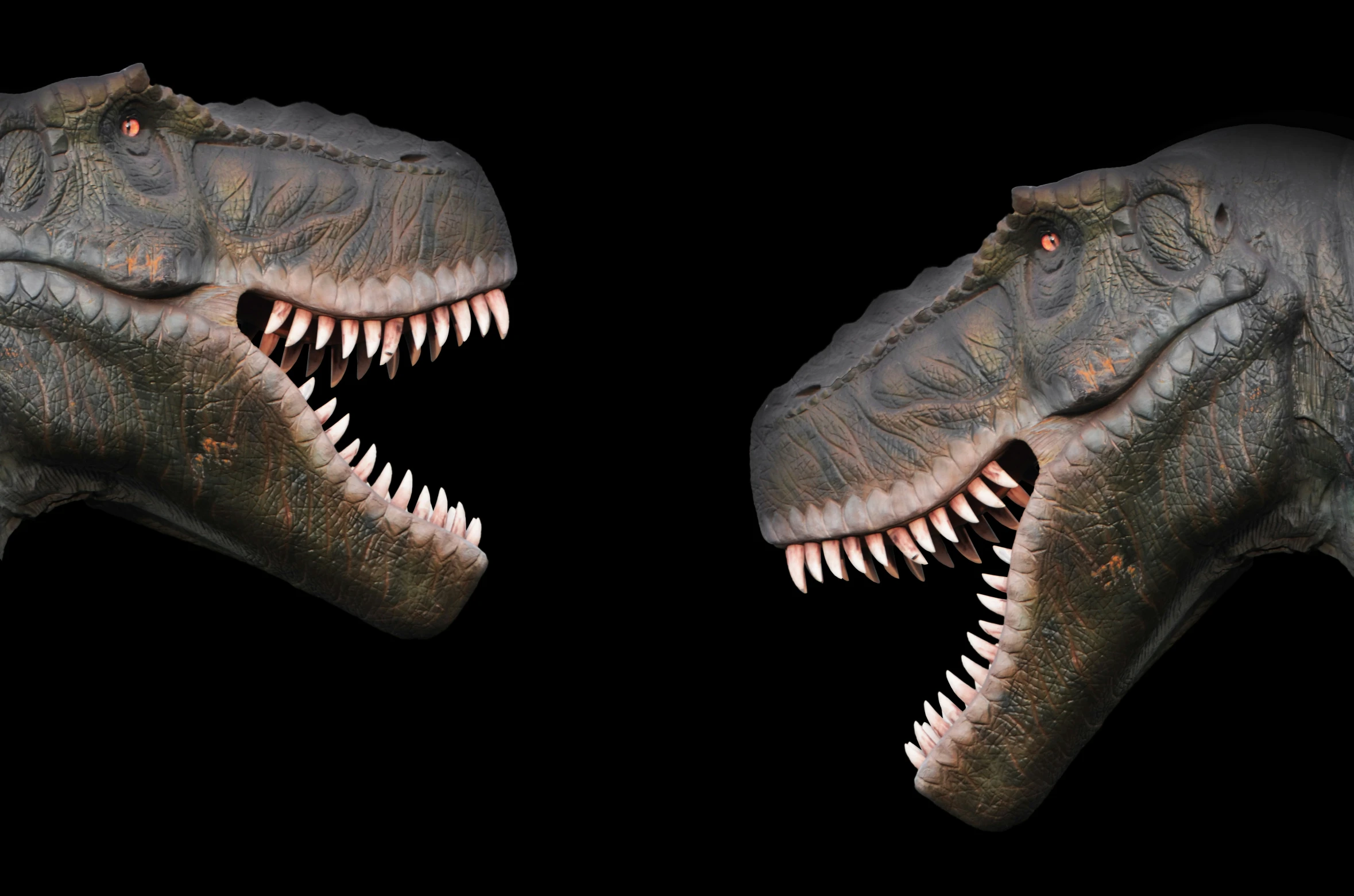 two dinosaurs with their mouths open in the dark