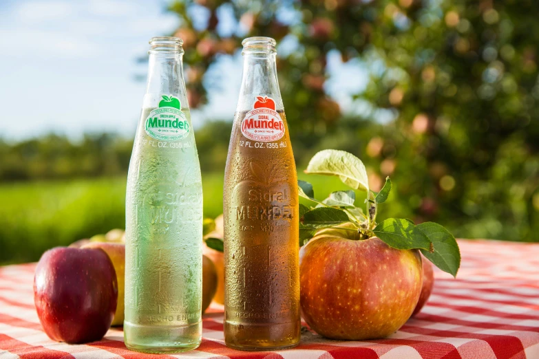 two bottles of water sitting next to three apples