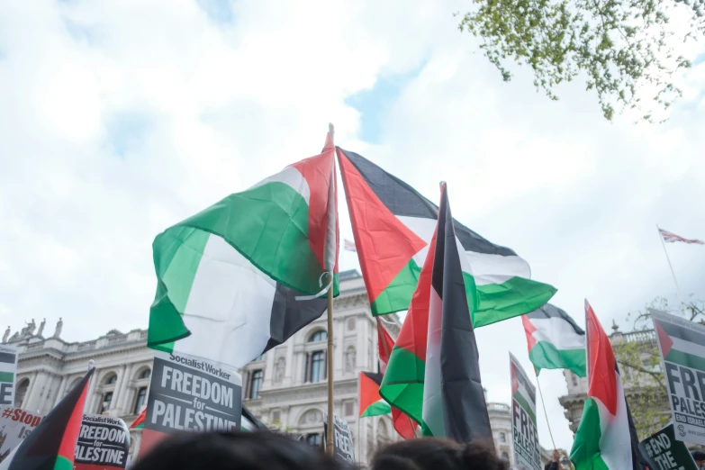 a group of people holding up several flags