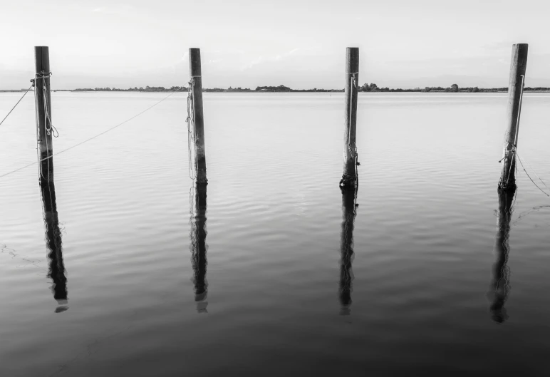 some poles in the water near the dock