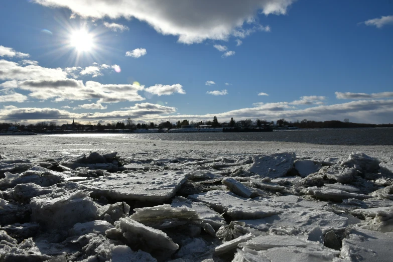 sun and clouds over the frozen water