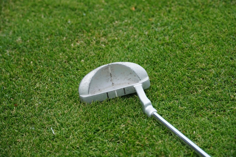 a putter is sitting in the grass and ready to play