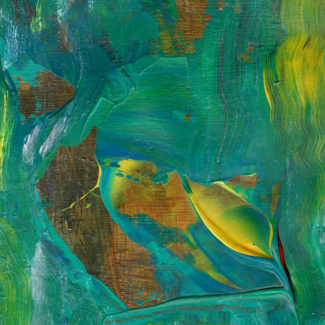 an abstract painting, showing colors on blue, green, and yellow