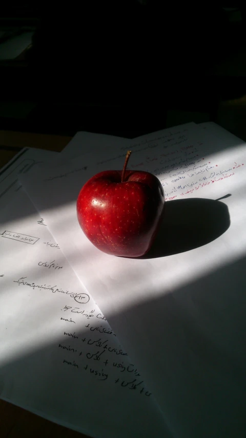 an apple sitting on a stack of papers