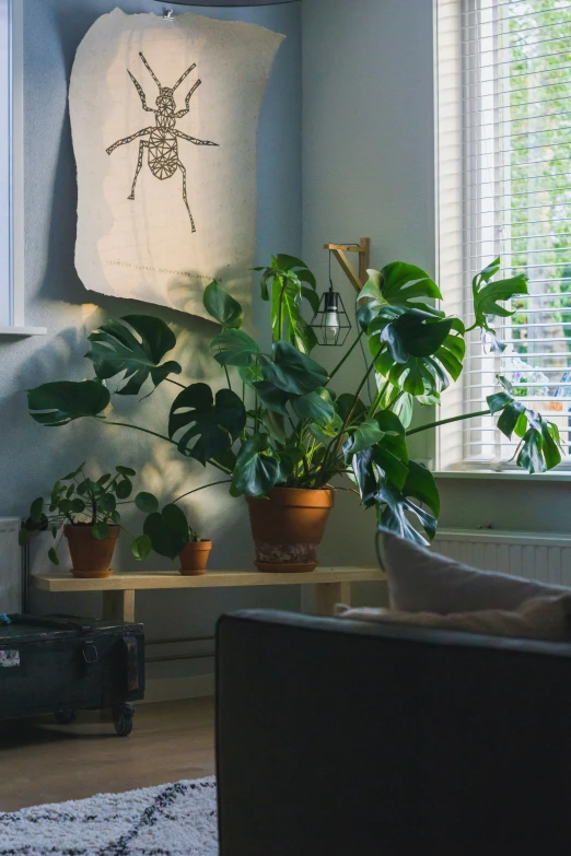 a living room with several potted plants and a piece of art on the wall