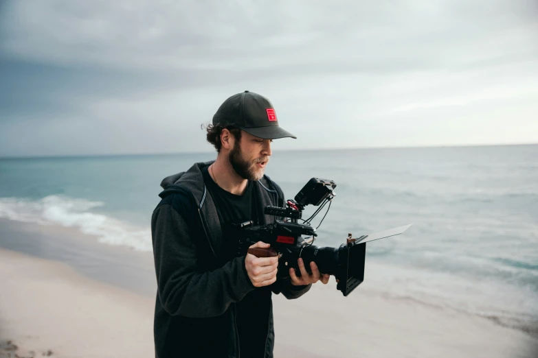 a man in black shirt holding up a camera