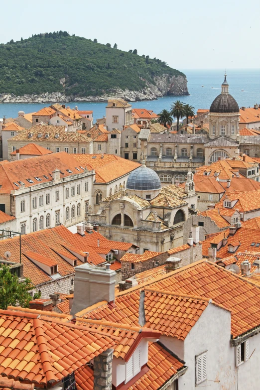 an aerial view of buildings surrounding a body of water