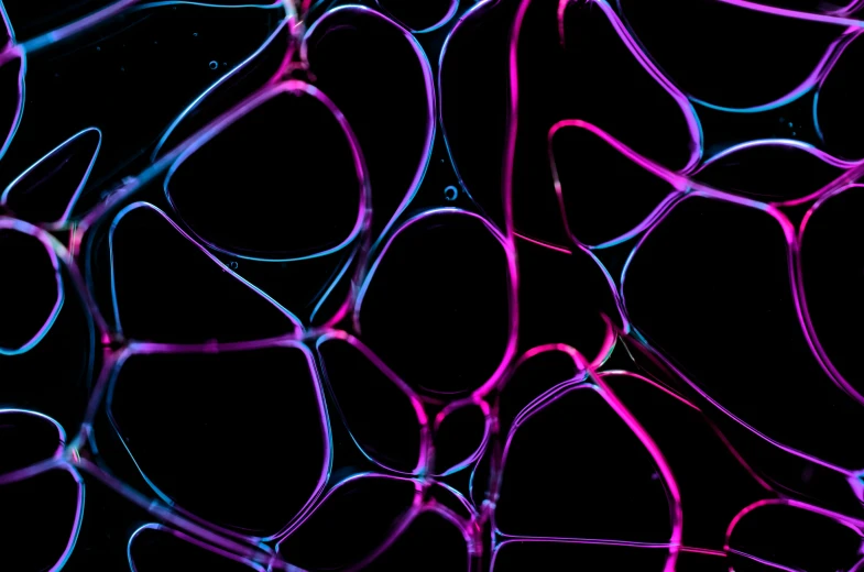 a black background that has pink and blue cells