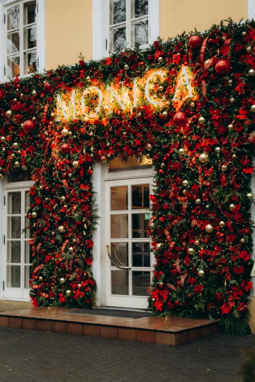 christmas decorations at a store window on the street