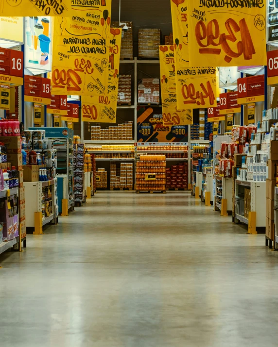 a large grocery store has yellow flags above it