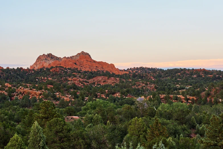 a view of a rocky mountain and trees