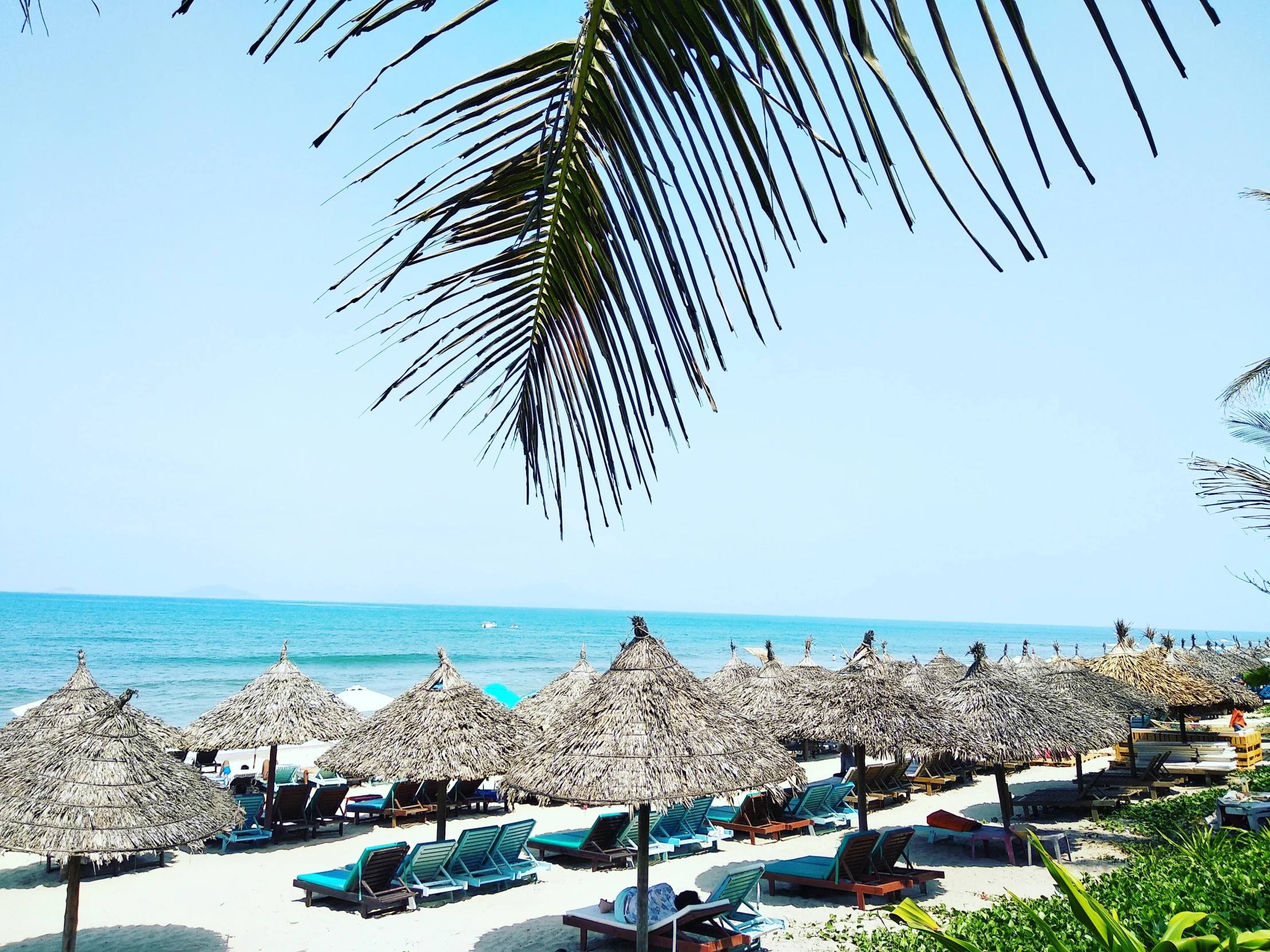 beach umbrellas and lawn chairs are arranged on a sunny day