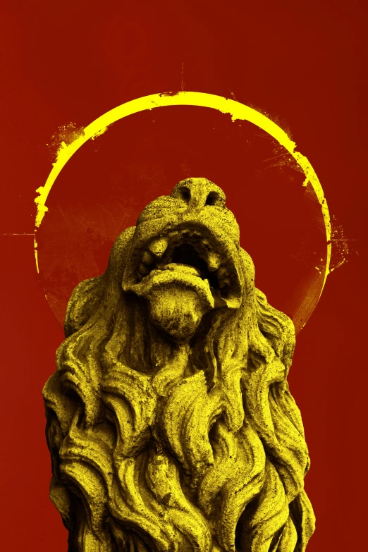 a lion statue with its head in front of a bright yellow sun