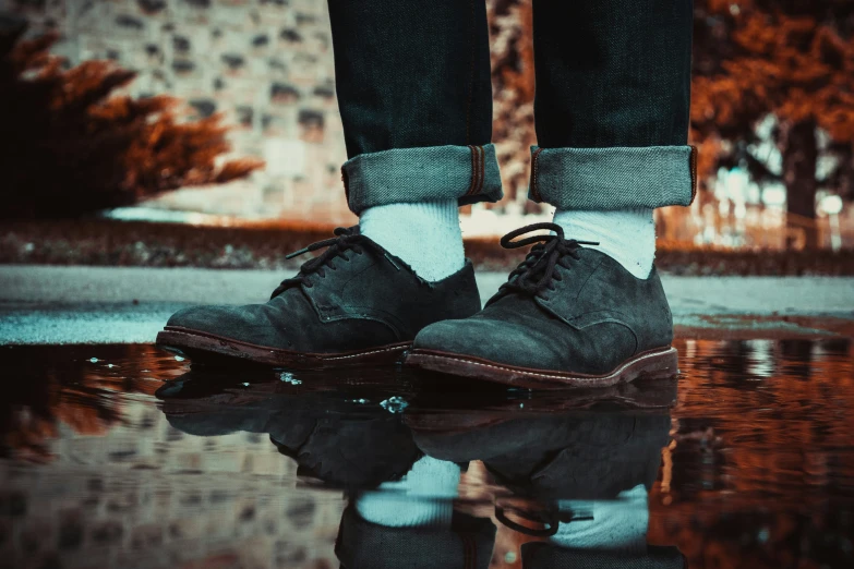 a persons legs standing in the rain while wearing shoes