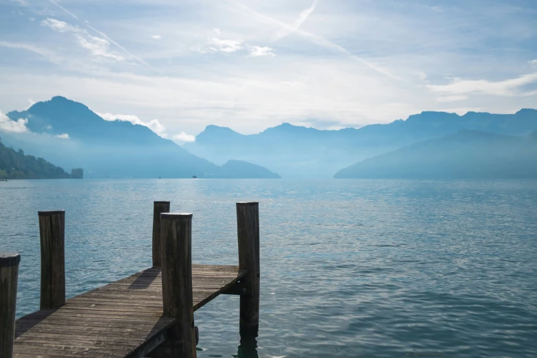 a view of the mountains from a pier